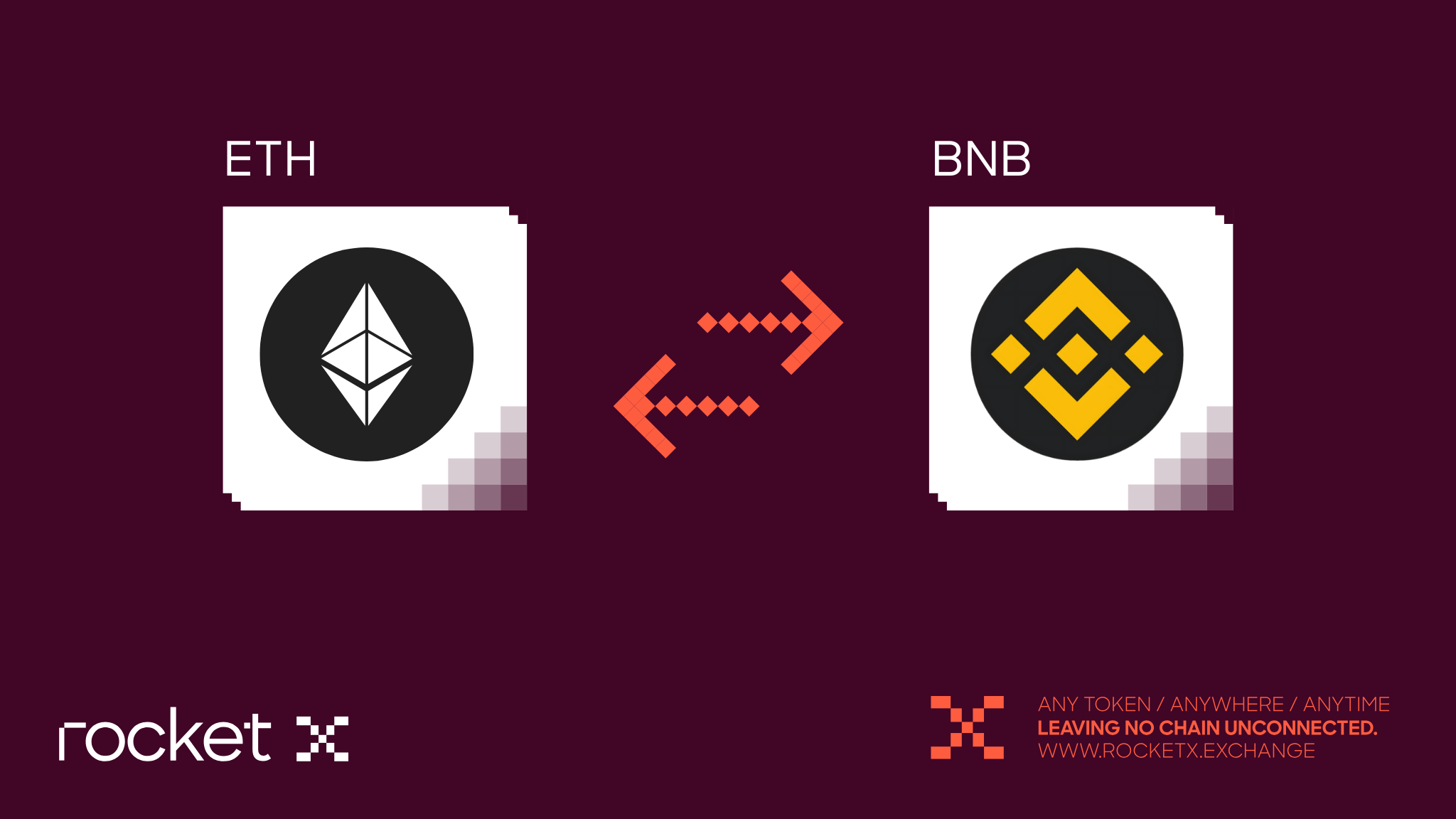 Illustration of Ethereum and Binance logos with arrows indicating conversion using RocketX.