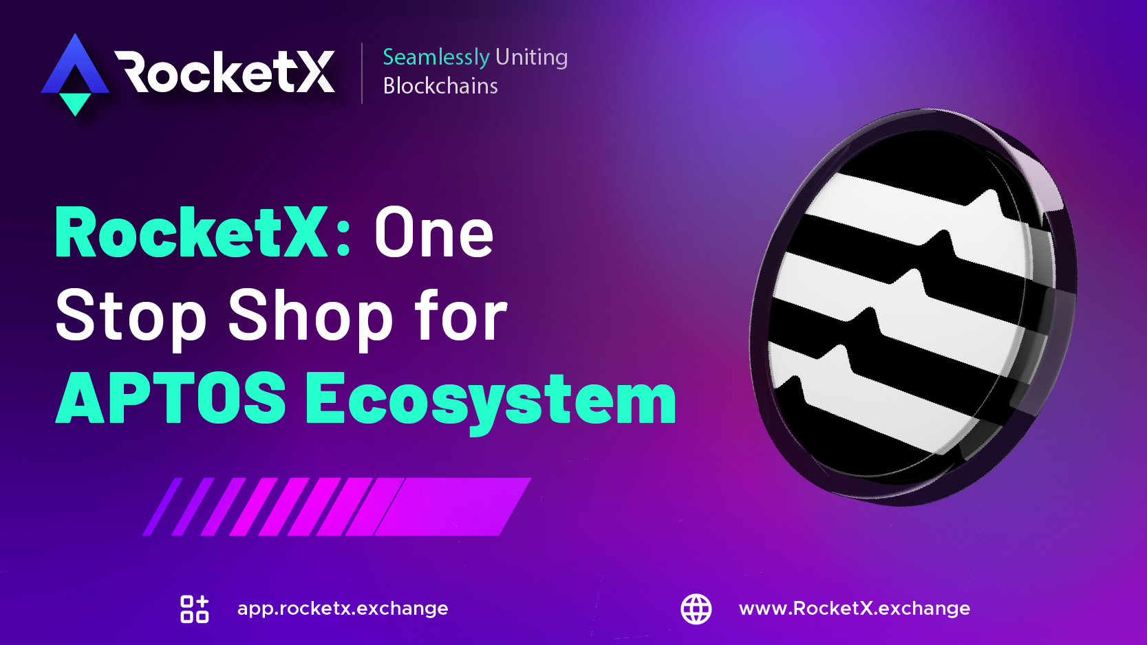 "RocketX: One Stop Shop for Aptos Ecosystem – logo with a stylized coin against a gradient purple background."