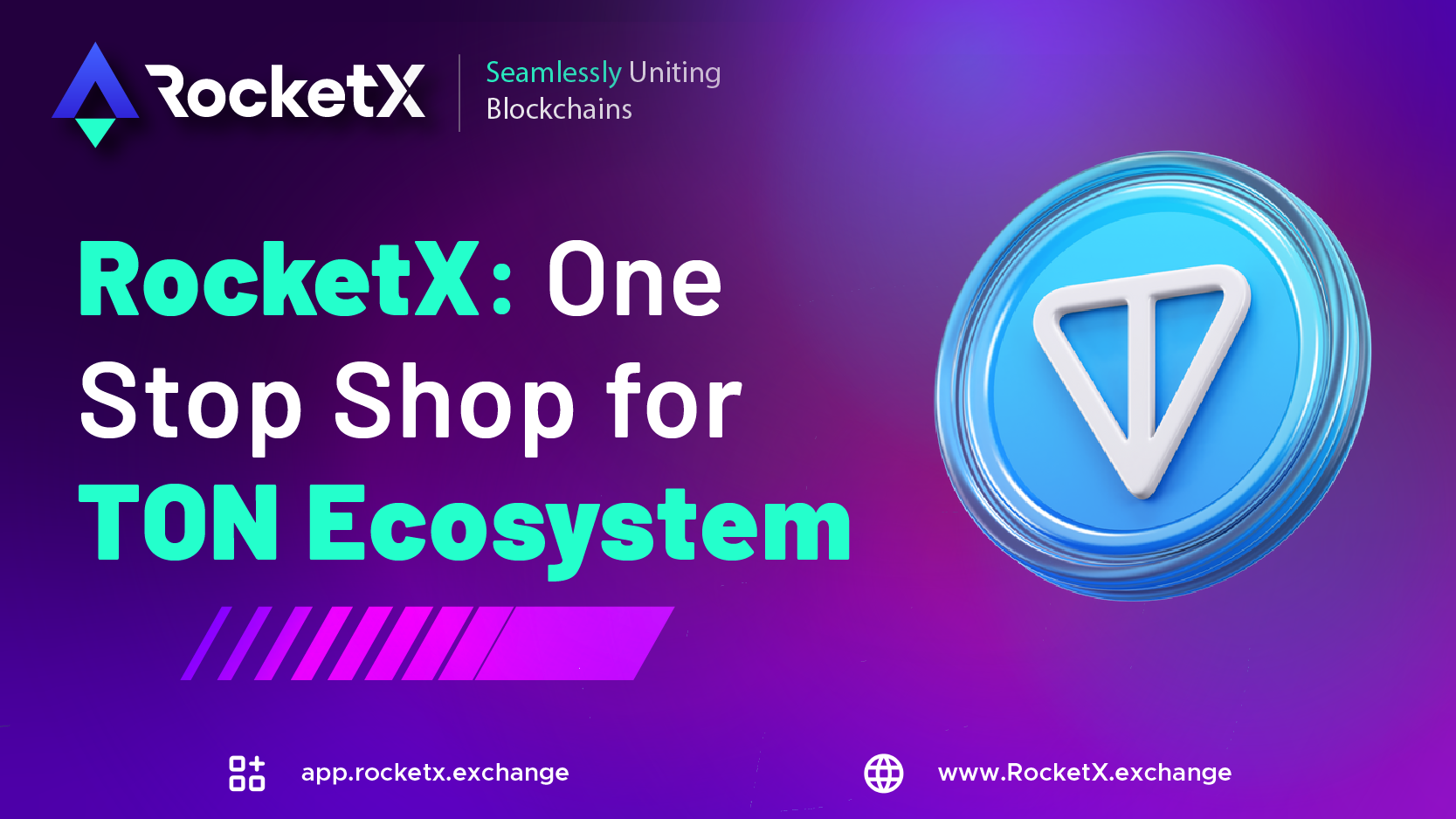 RocketX promotional image featuring a Toncoin logo on a purple background with the text: 'RocketX: One Stop Shop for TON Ecosystem.