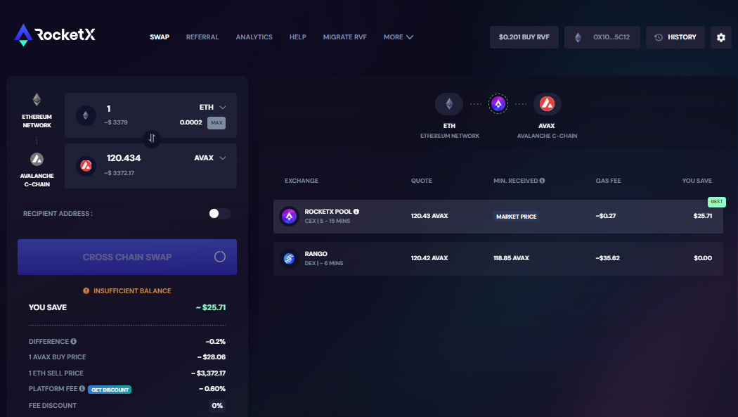 RocketX Exchange interface for converting ETH to AVAX