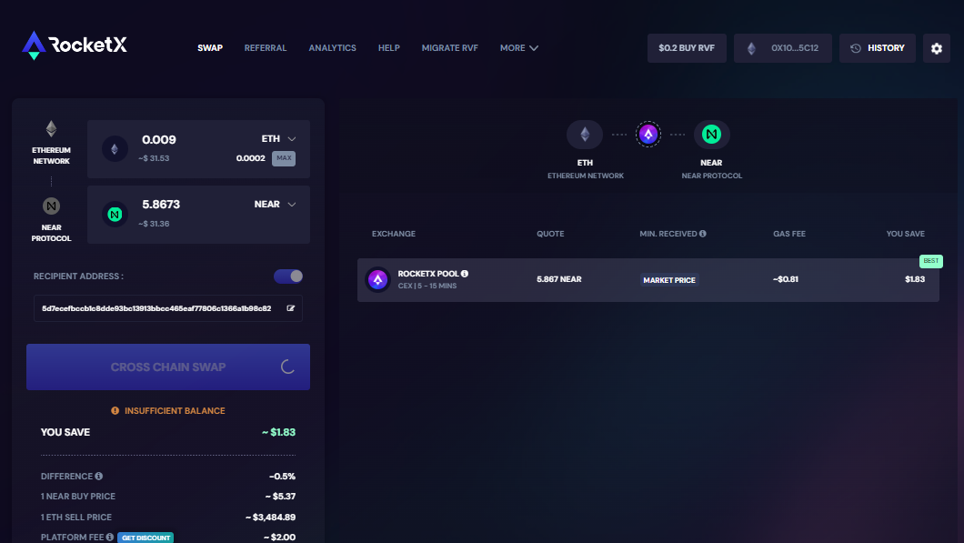 Screenshot of RocketX exchange interface displaying the process of swapping ETH to NEAR, with details on exchange rates, transaction fees, and recipient address input.