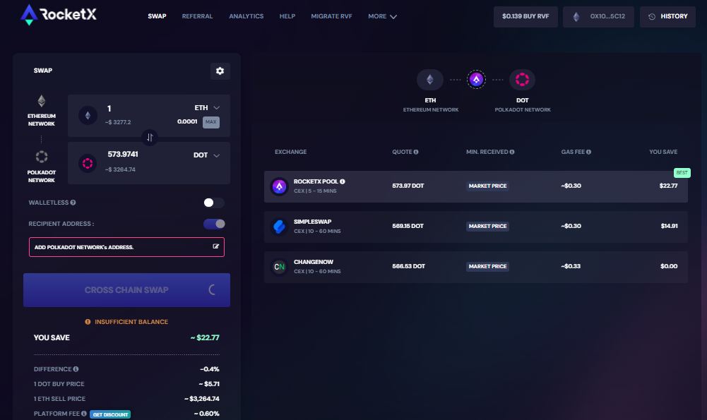 RocketX interface for swapping Ethereum (ETH) to Polkadot (DOT)