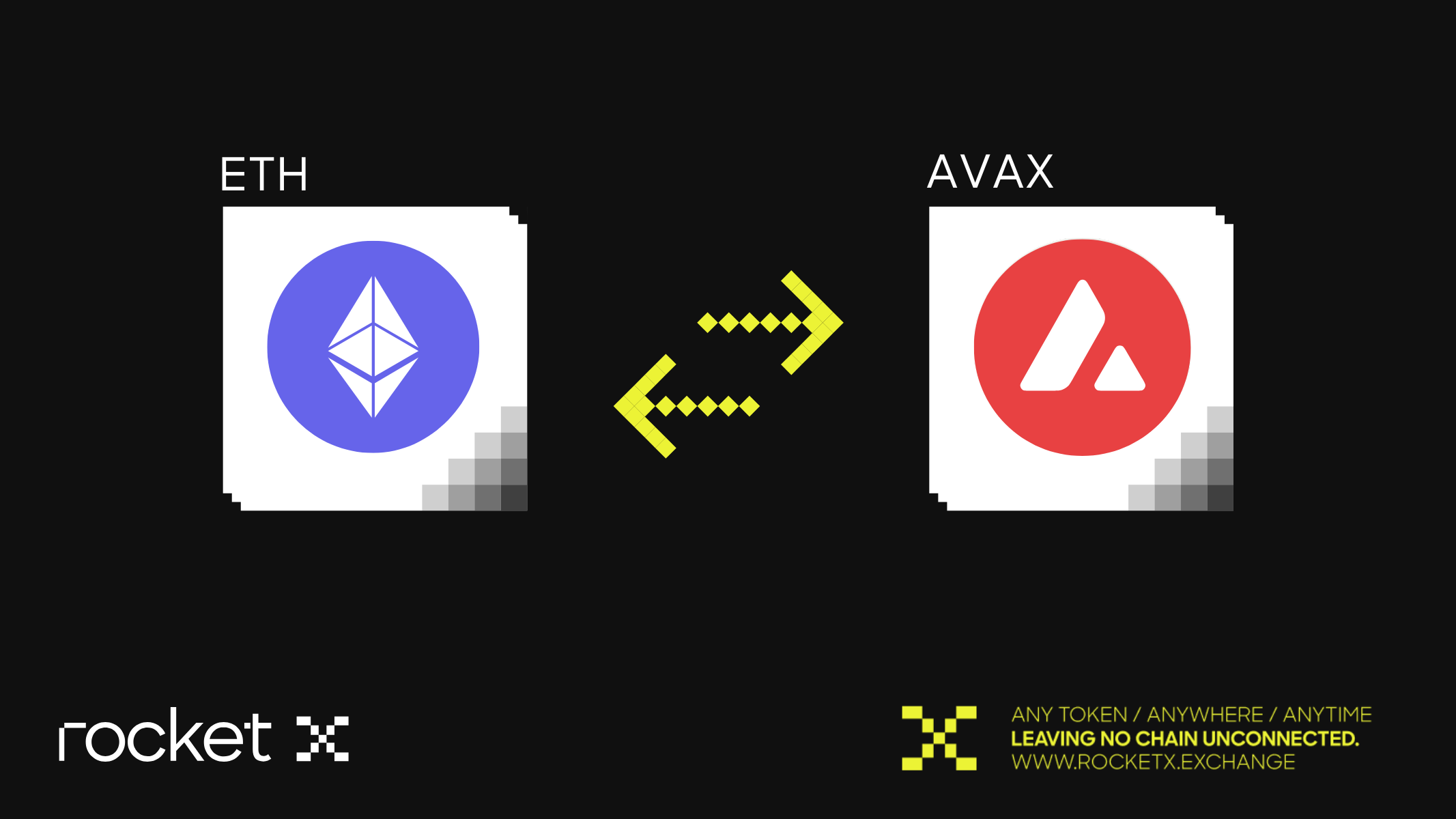 Illustration of Ethereum (ETH) and Avalanche (AVAX) token exchange with RocketX branding.