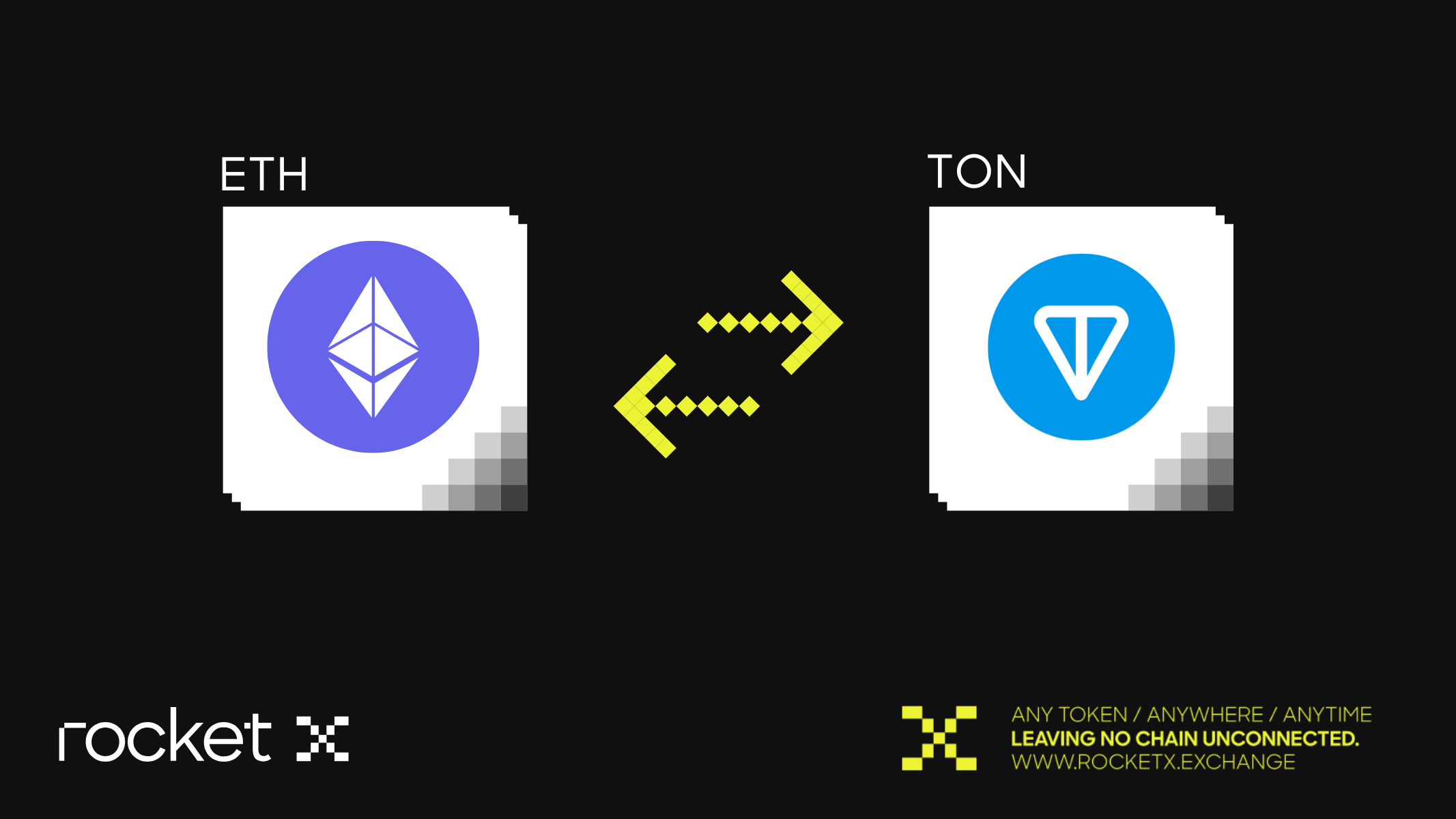 Visual representation of swapping Ethereum (ETH) for TON (Telegram Open Network) using RocketX Exchange, showcasing cross-chain compatibility.