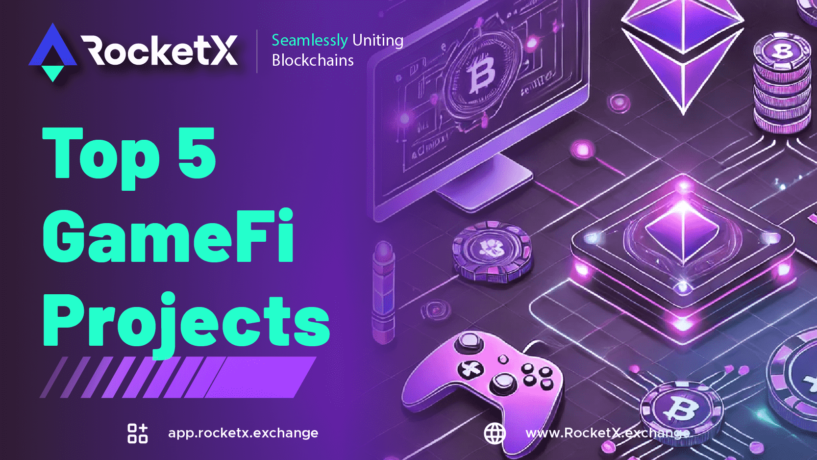 RocketX Top 5 GameFi Projects: Seamlessly Uniting Blockchains - Featuring gaming consoles, cryptocurrency icons, and digital assets