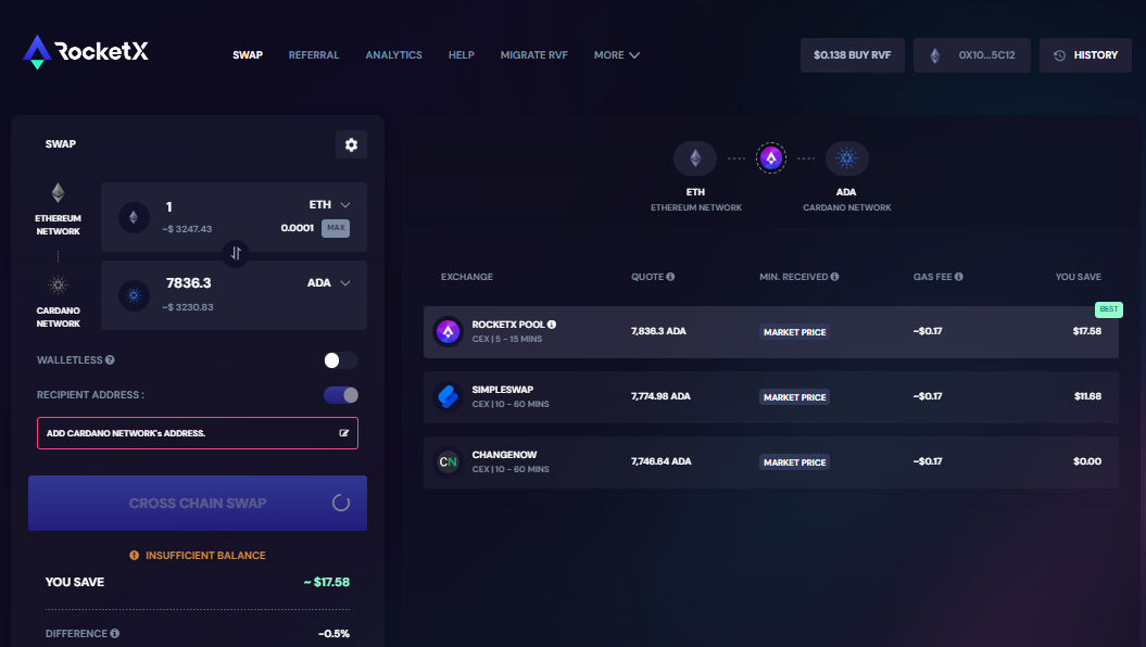 RocketX interface for swapping Ethereum (ETH) to Cardano (ADA).