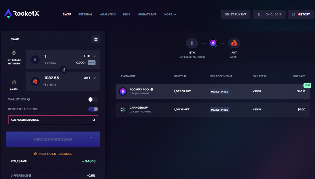 RocketX interface showing the process of swapping 1 ETH to 1032.55 AKT, including details such as recipient address input, exchange options, and transaction cost.