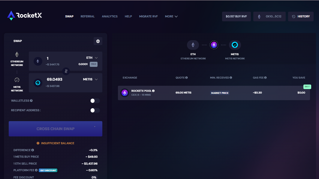 RocketX swap interface showing the process of exchanging 1 ETH to approximately 69 METIS, including details such as price, platform fee, and exchange options.