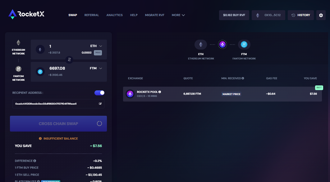 RocketX Interface for Swapping ETH to FTM