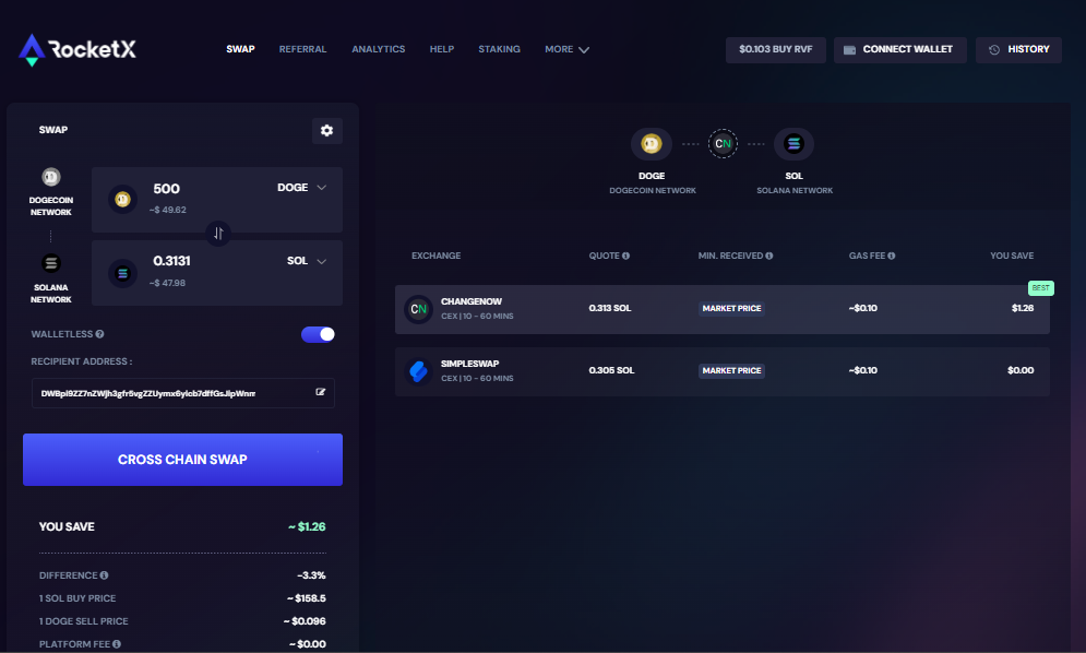 RocketX interface showing a cross-chain swap from Dogecoin (DOGE) to Solana (SOL) with walletless option enabled.