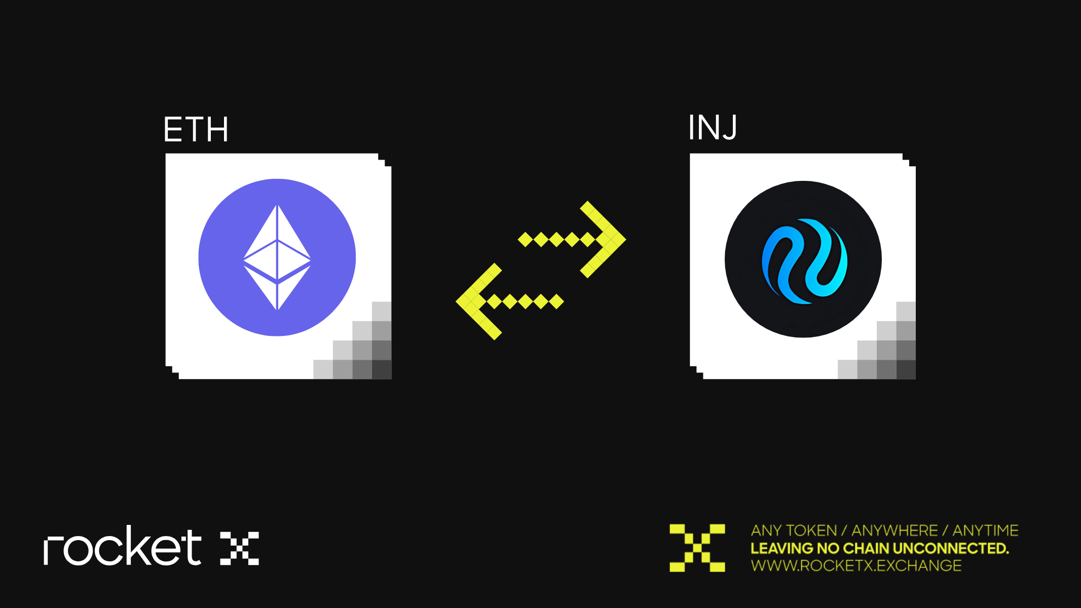 Illustration showing the process of bridging Ethereum (ETH) to Injective (INJ) using RocketX with icons representing both tokens.