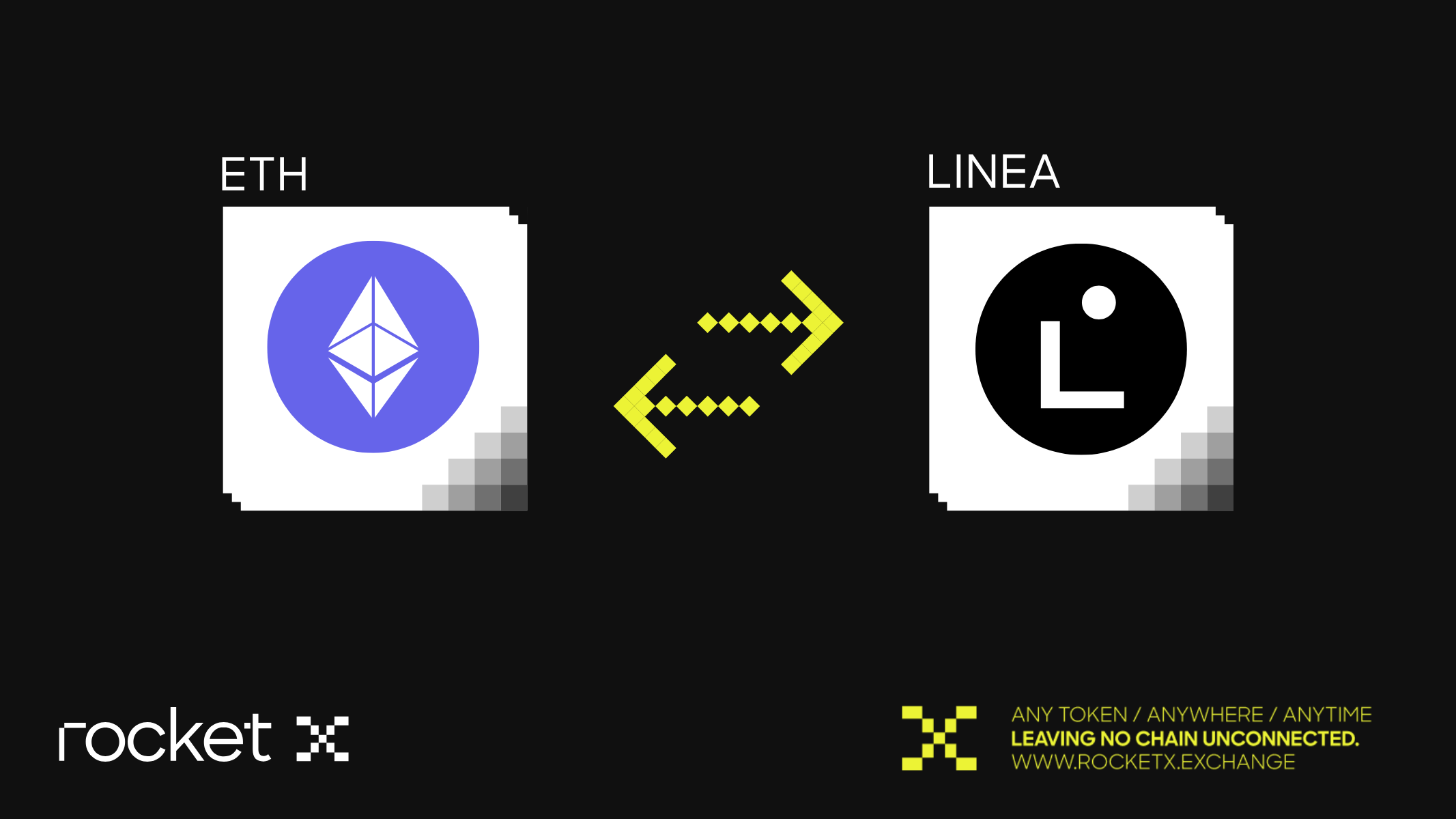 Illustration showcasing the token swap between Ethereum (ETH) and LINEA using the RocketX platform, emphasizing seamless cross-chain transactions.