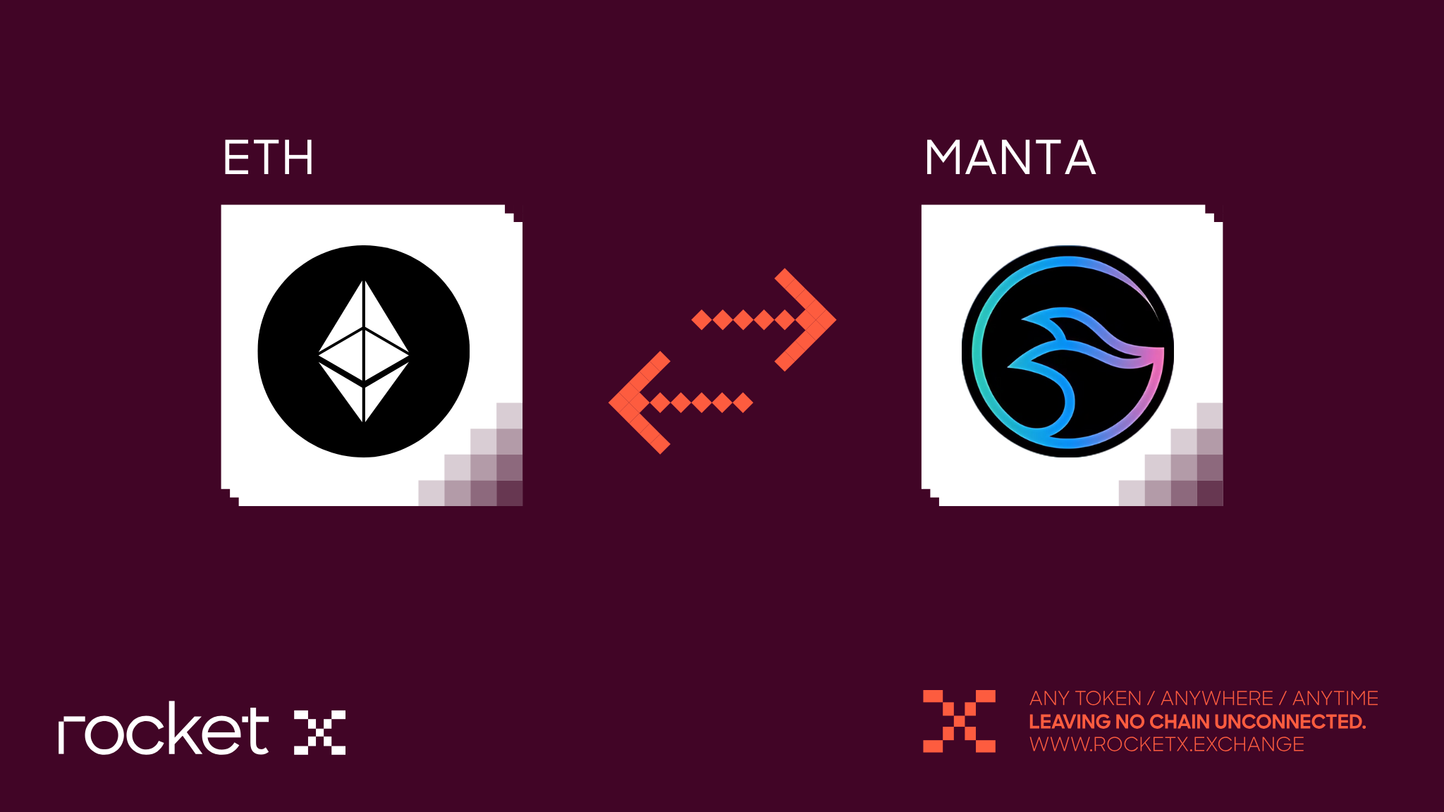 Graphic showing the RocketX platform enabling the bridging of Ethereum (ETH) to Manta Pacific, emphasizing ease, speed, security, and no account requirement.