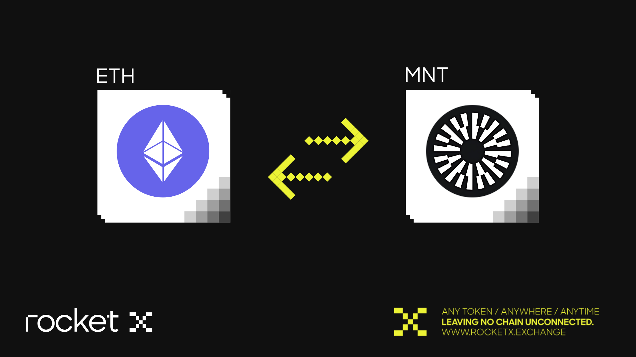 Illustration showing the conversion of Ethereum (ETH) to Mantle token on RocketX platform with tags Easy, Fast, Secure, No Account.