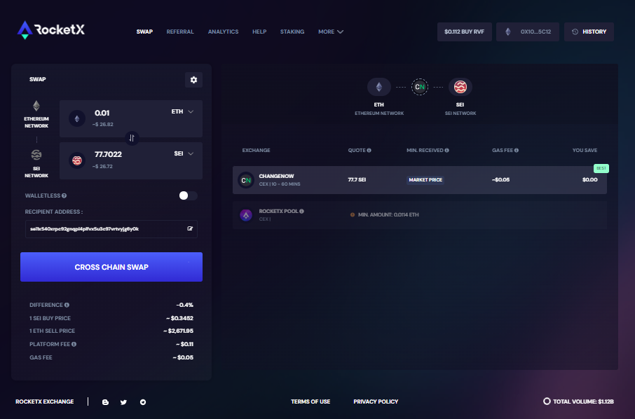 RocketX interface showing a cross-chain swap from Ethereum (ETH) to Sei Network (SEI) with transaction details.