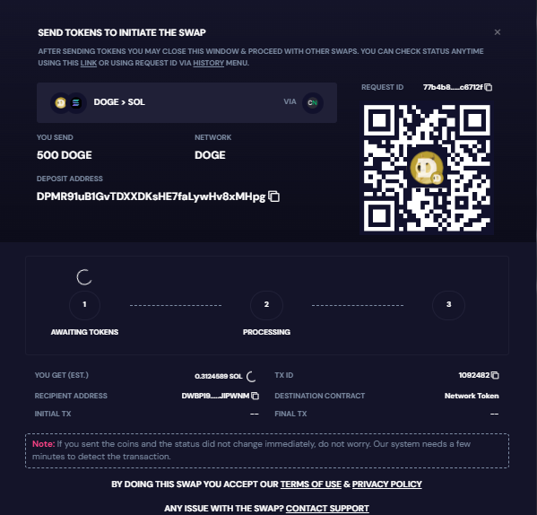 RocketX interface displaying the process to initiate a swap from Dogecoin (DOGE) to Solana (SOL) with QR code and transaction details.