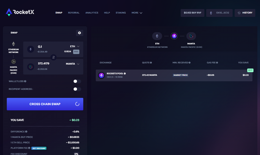 Screenshot of the RocketX platform showing the interface for swapping Ethereum (ETH) to Manta Pacific (EVM) using a cross-chain swap.