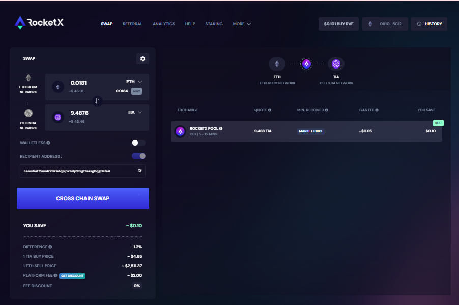 Screenshot of the RocketX platform interface showing a cross-chain swap from Ethereum (ETH) to Celestia (TIA) with details on exchange rates, gas fees, and savings.