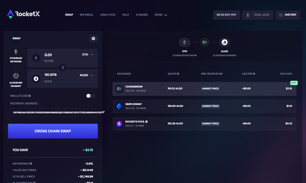 RocketX platform interface showing the process of swapping Ethereum (ETH) to Algorand (ALGO), highlighting exchange options and savings.