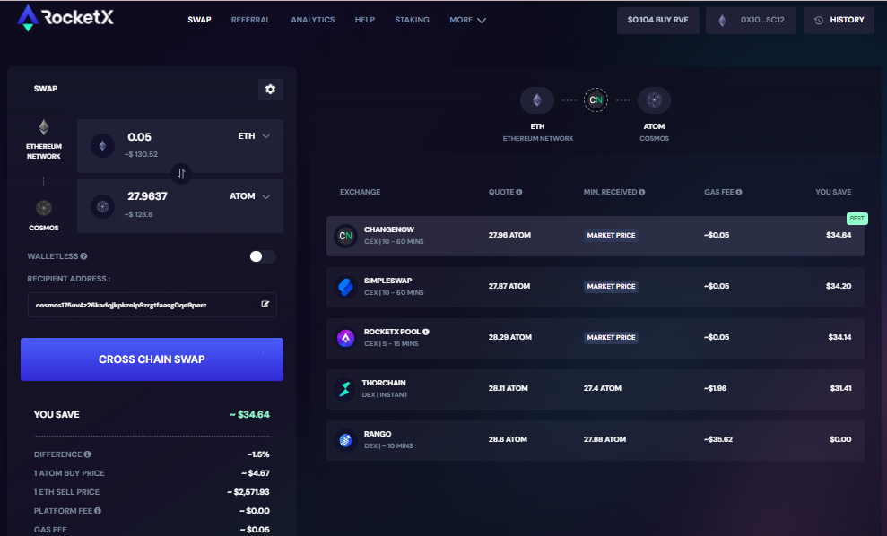 RocketX interface showing the conversion of Ethereum (ETH) to Cosmos (ATOM) with various exchange options.