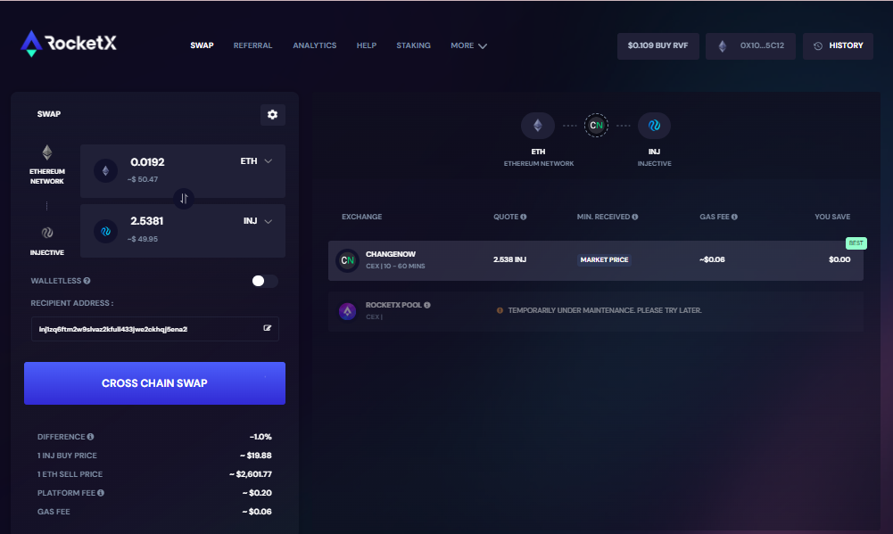 A screenshot of the RocketX platform showing the process of swapping Ethereum (ETH) to Injective (INJ) using the cross-chain swap feature.