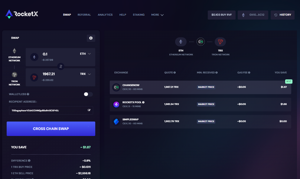 Screenshot of the RocketX platform showing the interface for swapping Ethereum (ETH) to TRX (Tron), highlighting the cross-chain swap feature, selected networks, and available exchange options.