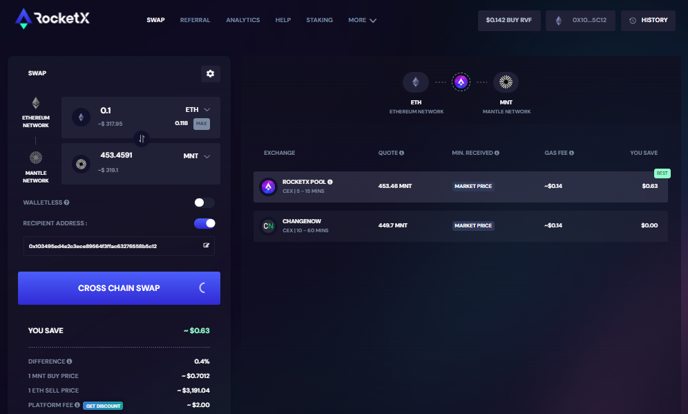 RocketX platform interface showing a cross-chain swap from Ethereum (ETH) to Mantle (MNT) with exchange options and detailed transaction information.