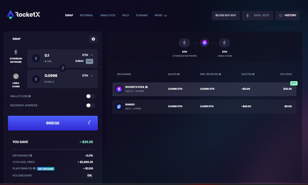 Screenshot of the RocketX platform's interface showing the process of bridging Ethereum (ETH) from the Ethereum Network to the Linea Chain. The interface displays bridging details, including the amount, gas fees, and savings, with options for selecting the bridge route between RocketX Pool and Rango.