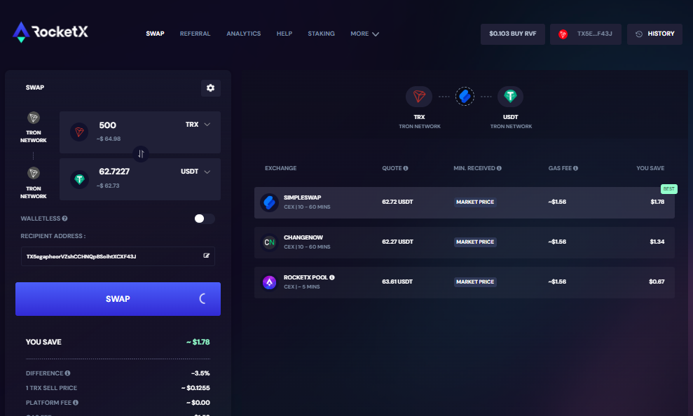 Screenshot of the RocketX platform displaying the process of swapping 500 TRX (Tron) to USDT, with available exchange options and calculated savings.