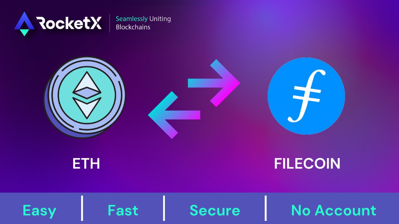 An image depicting the process of swapping Ethereum (ETH) to Filecoin (FIL) using RocketX Exchange with a focus on simplicity, speed, and security, without requiring an account.