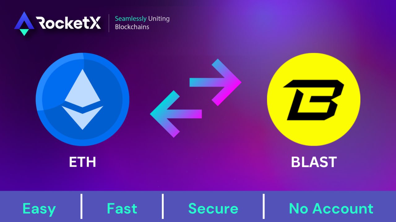 RocketX Exchange graphic showing Ethereum (ETH) to Blast (BLAST) bridge.