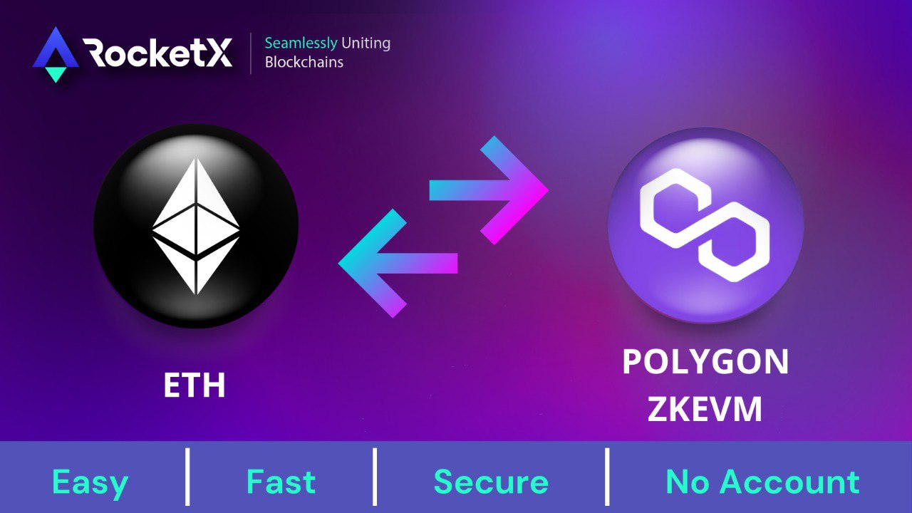 An illustration showing Ethereum (ETH) to Polygon zkEVM asset bridging on RocketX, emphasizing easy, fast, secure, and no account requirements for the transaction.</p>
<p>