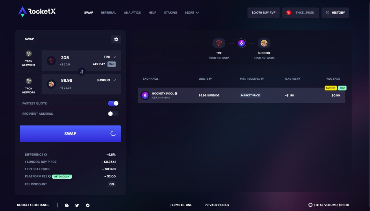 RocketX Exchange interface showing a swap between TRX and Sundog, with 205 TRX converting to 86.99 Sundog.