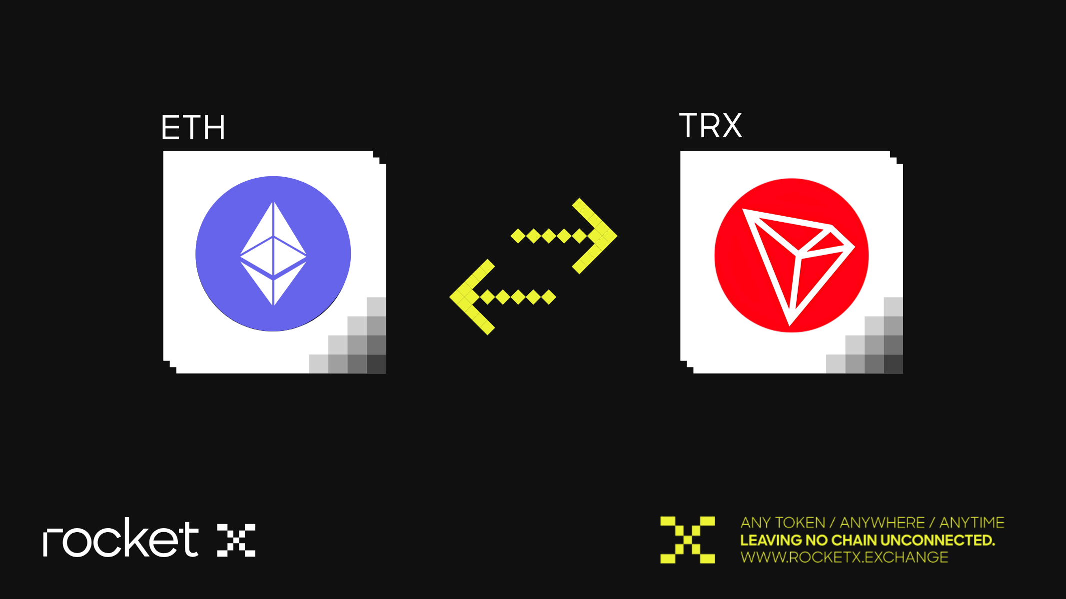 Illustration of Ethereum (ETH) and Tron (TRX) icons with arrows indicating cross-chain swap functionality, featuring RocketX branding.