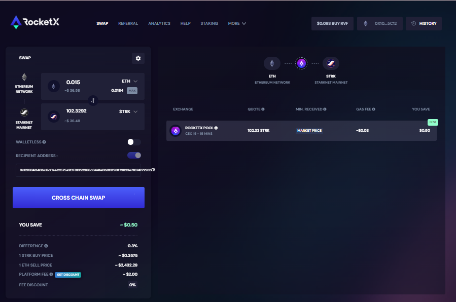 RocketX ETHEREUM  to STARKNET Cross-Chain Swap Interface.