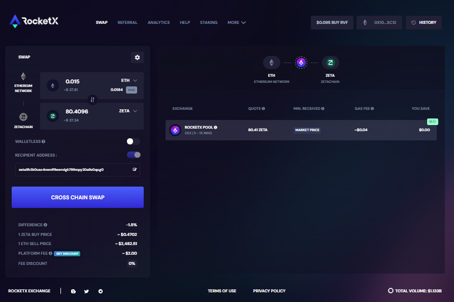 RocketX platform interface displaying a cross-chain swap from Ethereum (ETH) to Zetachain (ZETA), showing the swap amount, recipient address, and transaction details with a 'Cross Chain Swap' button highlighted.