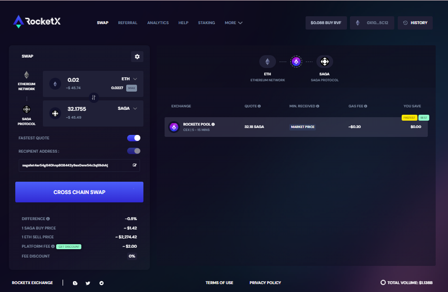 Screenshot of RocketX Exchange interface showing a cross-chain swap from Ethereum (ETH) to Saga (SAGA), highlighting the transaction amount, fees, and swap options.</p>
<p>