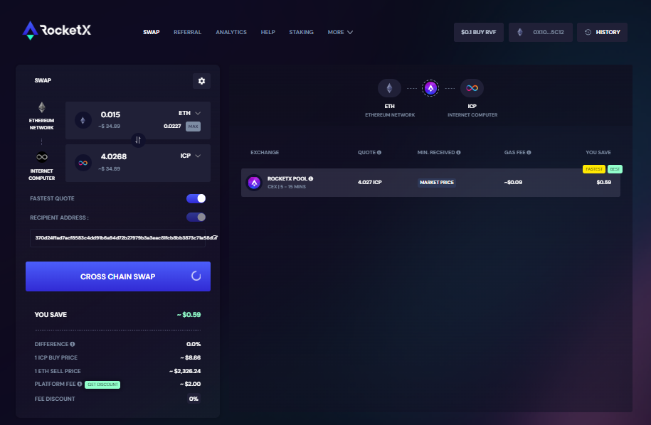 Cross-chain swap interface for converting Ethereum (ETH) to Internet Computer (ICP) using RocketX platform.