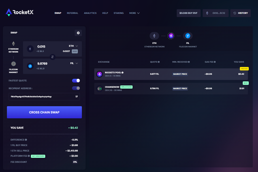 A RocketX Exchange interface showing the cross-chain swap process between Ethereum (ETH) and Filecoin (FIL). The interface displays exchange options, recipient address, transaction details, and the option to perform the swap.