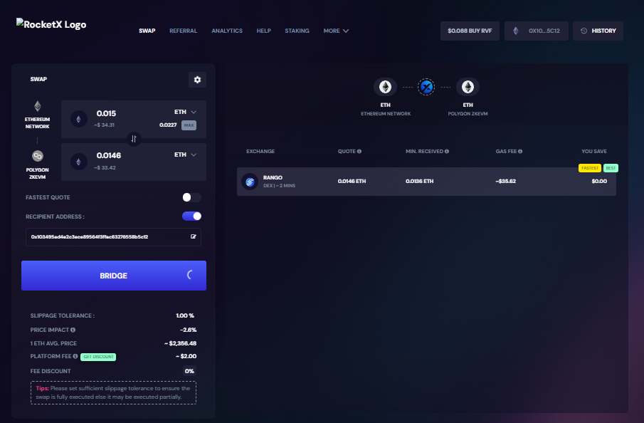 An illustration showing Ethereum (ETH) to Polygon zkEVM asset bridging on RocketX, emphasizing easy, fast, secure, and no account requirements for the transaction.</p>
<p>