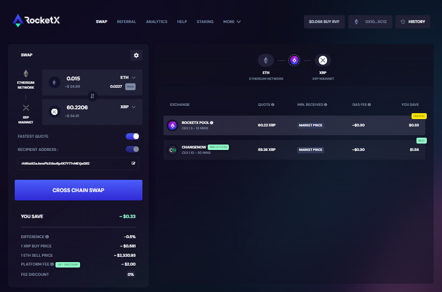 RocketX interface displaying a cross-chain swap from Ethereum (ETH) to Ripple (XRP), showing swap details, recipient address, and exchange options.