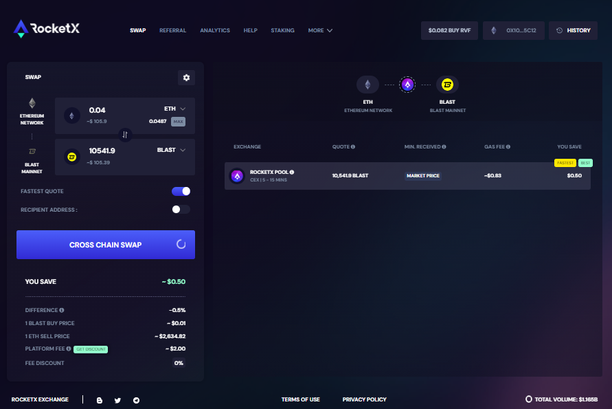 RocketX Exchange interface showing a cross-chain swap from Ethereum to Blast.