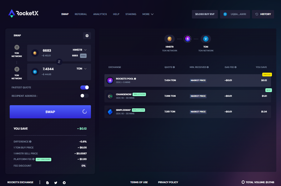 RocketX Exchange interface displaying the swap process between Hamster Kombat (HMSTR) and TON, highlighting exchange rates and available swapping options.