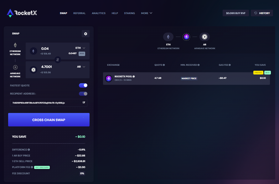 RocketX Exchange interface displaying the process of swapping Ethereum (ETH) for Arweave (AR), showcasing transaction details such as fees and amount.