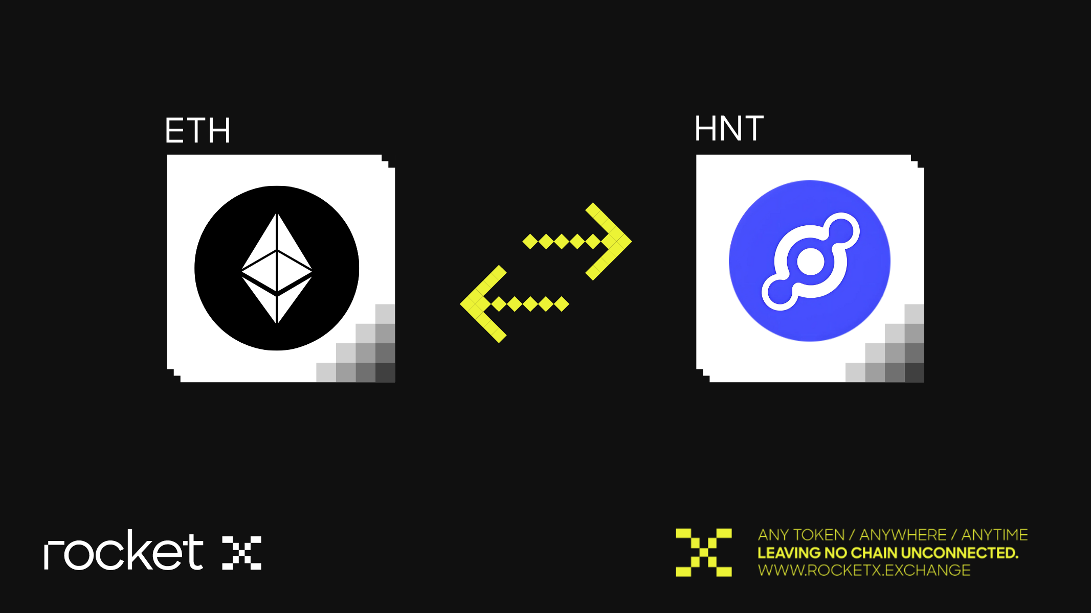 Graphic showing Ethereum (ETH) being swapped with Helium (HNT) on RocketX Exchange, with the RocketX logo and tagline “Any token / anywhere / anytime.”