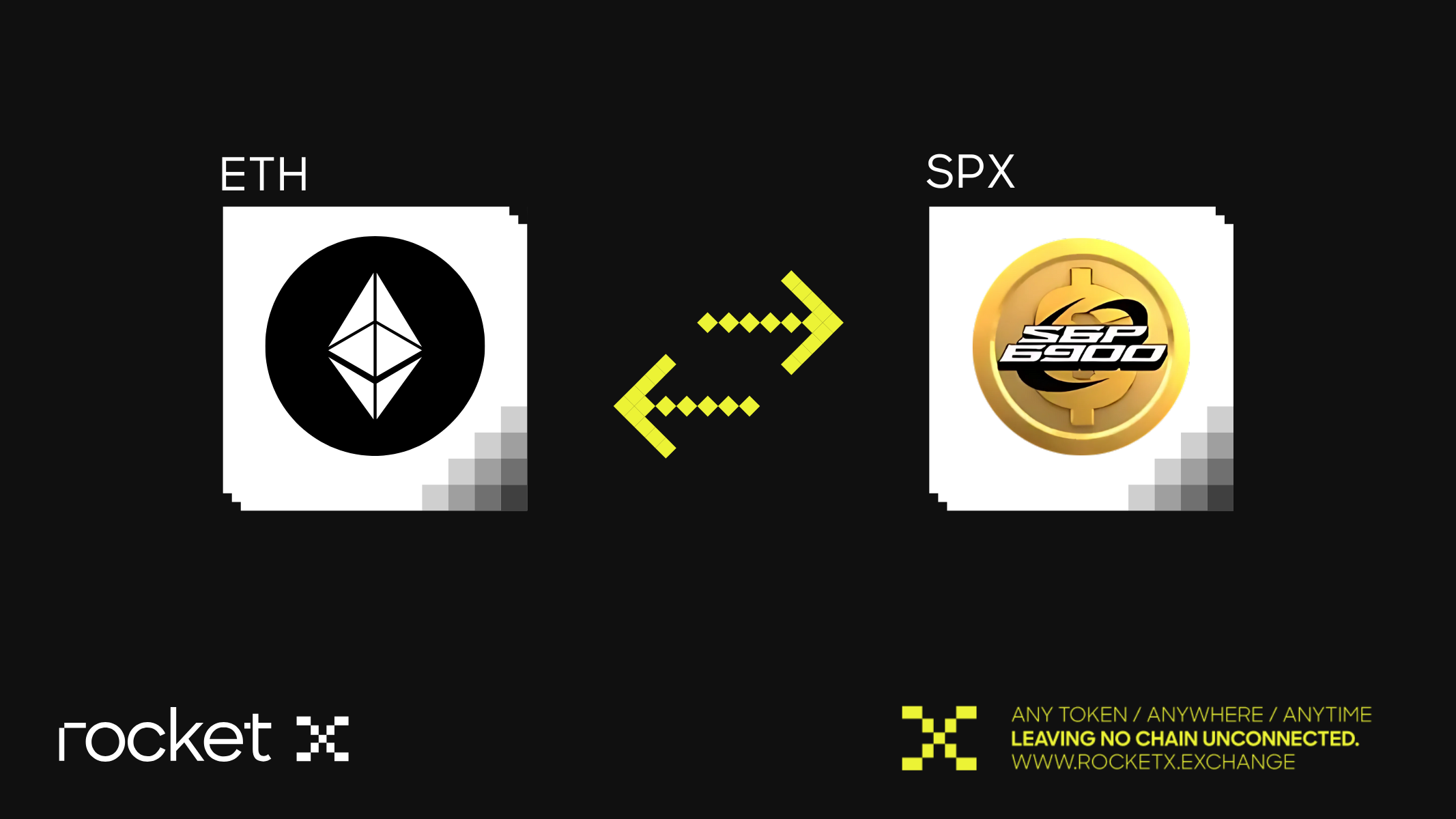 A visual representation of swapping Ethereum (ETH) for SPX6900 using RocketX, showing two tokens with arrows indicating a cross-chain swap.