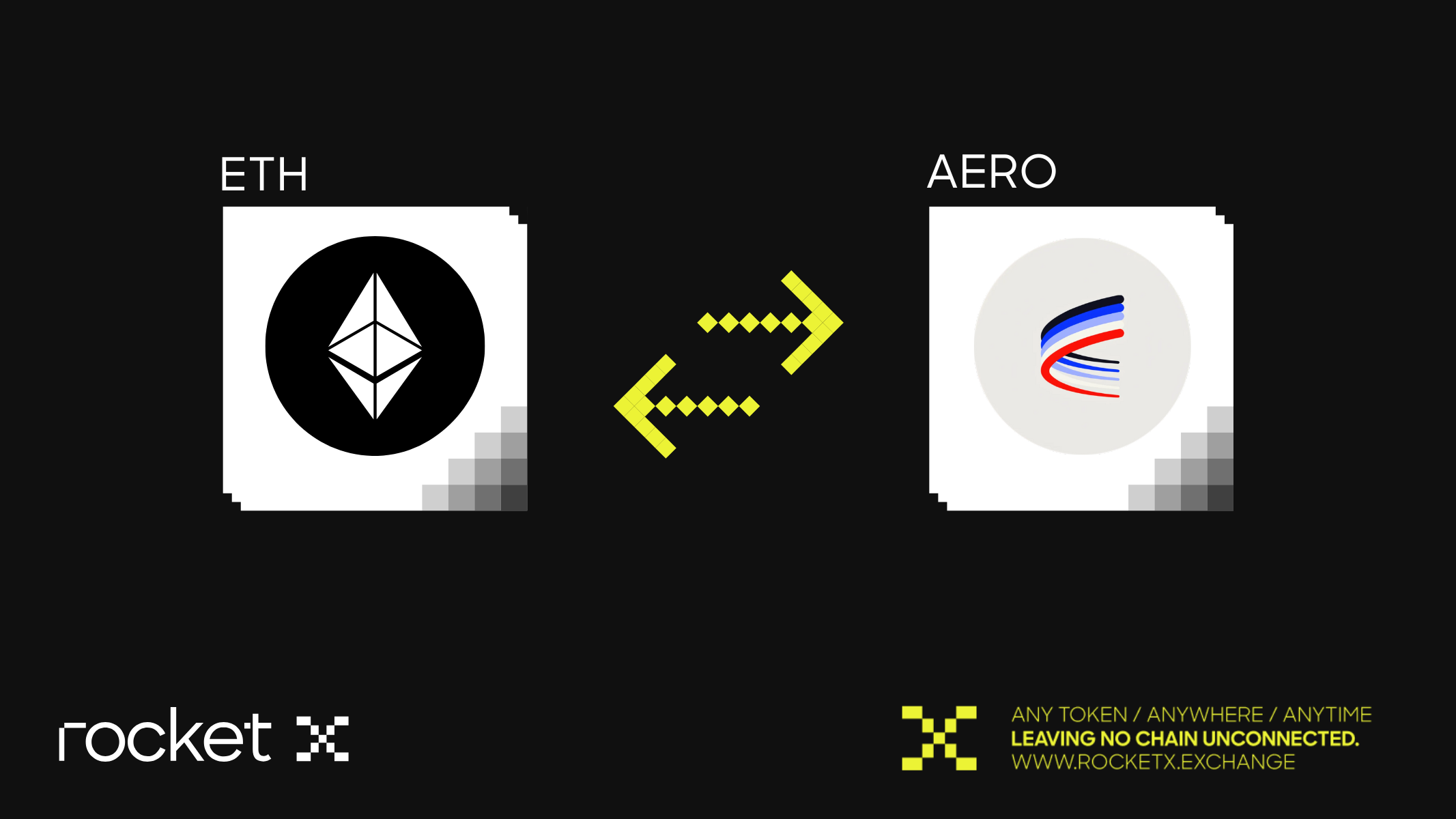 A visual representation of swapping Ethereum (ETH) for Aerodrome Finance tokens on RocketX Exchange.