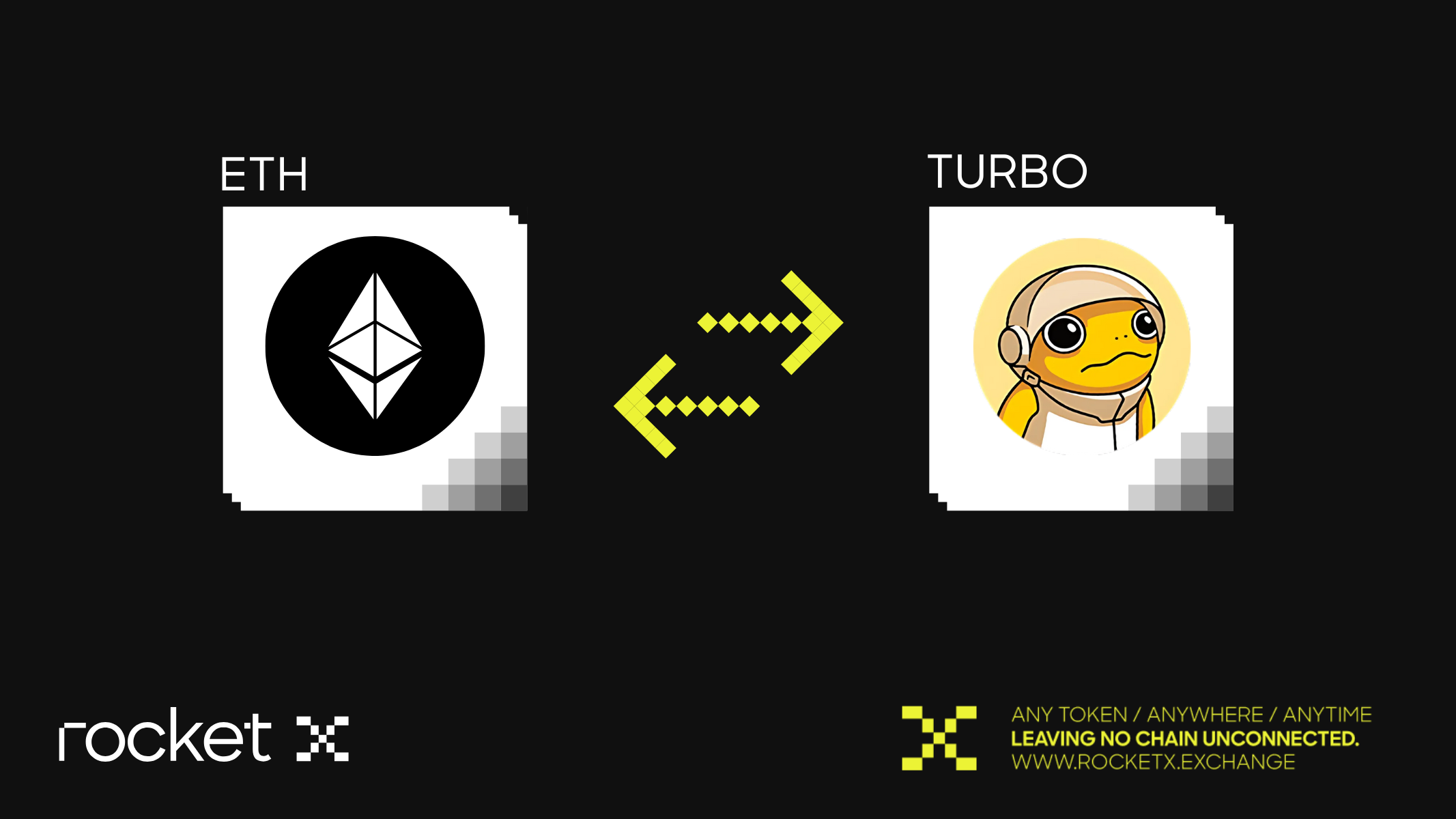 Illustration showing Ethereum (ETH) and Turbo token swap on RocketX Exchange, with a two-way arrow indicating the exchange process.