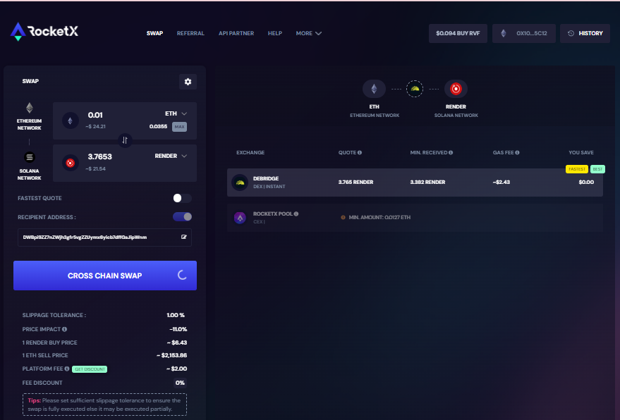 Ethereum to Render Token cross-chain swap interface on RocketX platform.