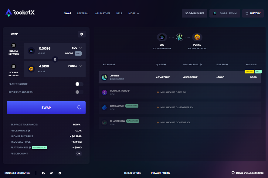 Interface showing a swap from Solana (SOL) to Ponke on the RocketX platform, featuring exchange options and transaction details.